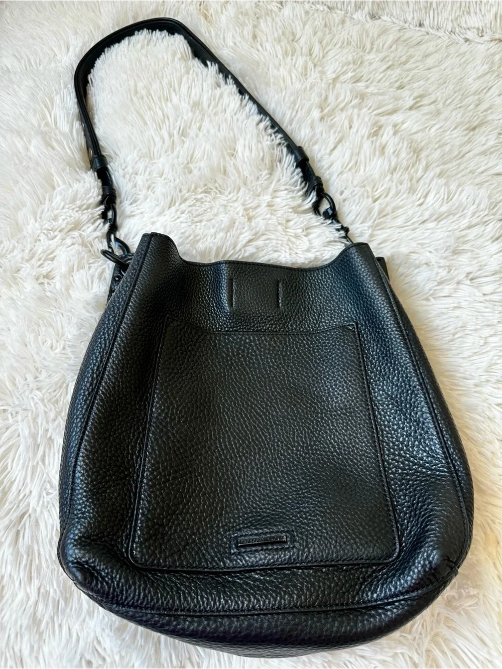 REBECCA MINKOFF Darren Black Pebbled Leather Shoulder Bag Gunmetal Hardware